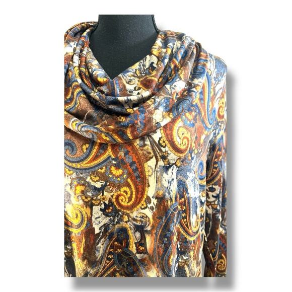 INTRO Brown Blue Gold Rust Paisley Cowl Neck Tunic  Hi Lo Long Sleeve Top NWT M - Picture 5 of 14
